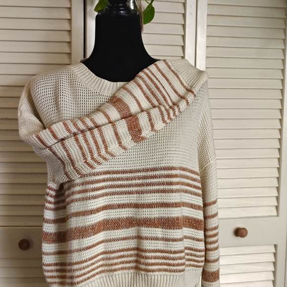 Lumiere Cream and Brown Striped Loose Knit Sweater - Picture 4 of 8